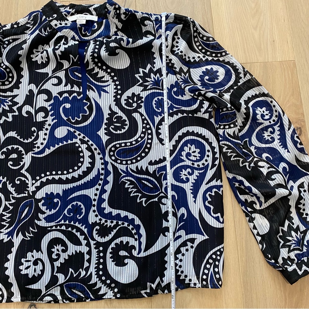 Loft | Shimmer Stripe Paisley Mock Neck Black Blouse - Picture 11 of 11